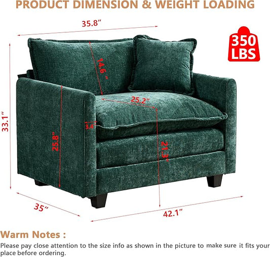 Aoowow Chenille Upholstered Accent Chair Oversized,Fluffy Single Cloud Sofa Chairs with Deep Seat,Modern Large Reading Arm Chair with Throw Pillow for Living Room,Bedroom (Green, Single Sofa Chair)