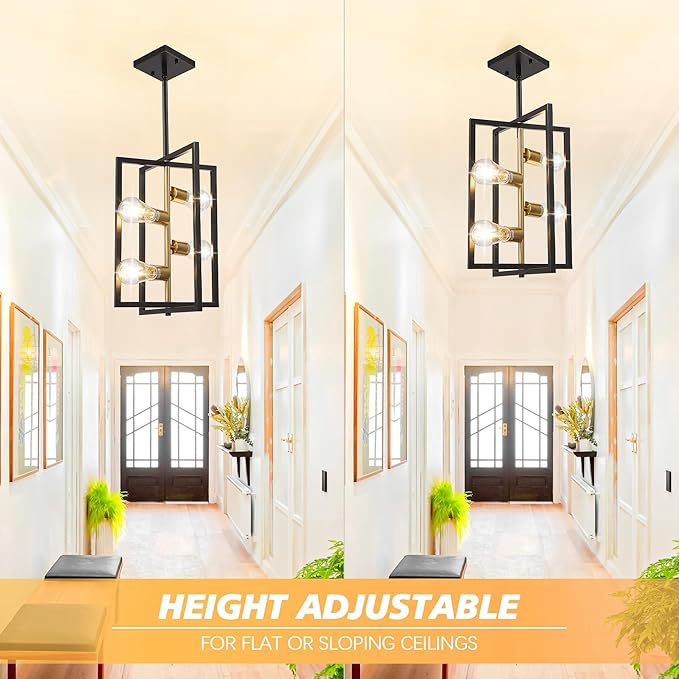Black and Gold Chandelier Light Fixture: 4-Light Farmhouse Kitchen Island Lighting, Geometric Dining Room Light Fixtures, Rustic Industrial Entryway Chandelier, for Living Room, Bedroom, Foyer
