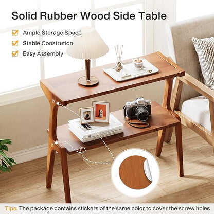 Tribesigns Narrow Side Table, 2-Tier Solid Wood End Table with Storage, Modern Tall Couch Side Table for Living Room, Slim Bedside Table for Bedroom, Small Spaces, Cherry
