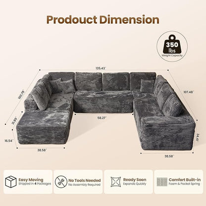Cloud Sectional Couch with Loveseat, Boneless U-Shaped Cloud Couch with Deep Seat, Soft Plush Modern Minimalist Sofa, Assembly Free Modular Floor Sofa for Office Living Room Apartment, Grey