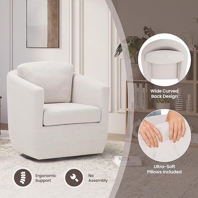 COLAMY 360° Swivel Accent Chair Set of 2 with Pillow, Living Room Armchair No-Sag Foam & Sturdy Metal Base, Fully Assembled Swivel Single Sofa for Bedroom Living Room, Reading Room, Beige