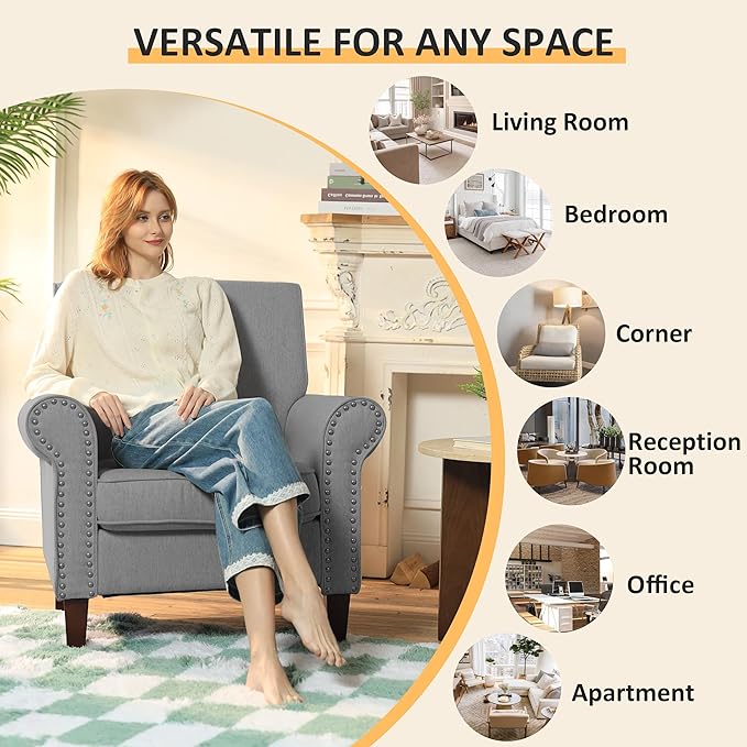 PrimeZone Comfy Accent Chair Set of 2, Mid-Century Modern Fabric Living Room Chair Reading Chair with Soft Cushion, Nailhead Trim & Rolled Armrest, Arm Chair Sofa Chair for Bedroom Waiting Room,Grey