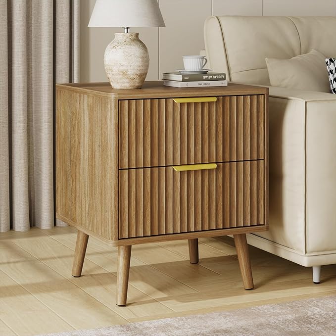 LYNSOM Fluted Dresser and Nightstand Sets 4 Piece, 2-Drawer Nightstands and 5/7 Drawers Dresser, Wood Bedroom Furniture Set for Home, Bedroom, Hallway, Natural Oak
