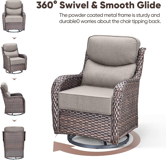 Swivel Patio Chairs sofa Set of 5 with 6" Thick Cushion - Wicker Outdoor Swivel Rocker Patio Chair with Side Table, High Back Comfortable Outdoor Glider Chairs - Brown Wicker | Grey Cushions