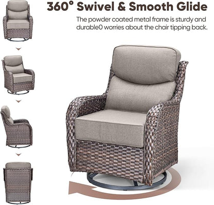 Swivel Patio Chairs sofa Set of 8 with 6" Thick Cushion - Wicker Outdoor Swivel Rocker Patio Chair ,Sofa/Glass coffee table, High Back Comfortable Outdoor Glider Chairs - Brown Wicker | Gery Cushions