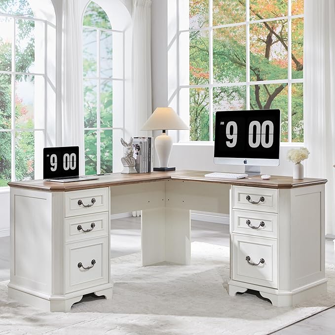 T4TREAM 59" Executive L Shaped Desk with Drawers,Farmhouse Wood Computer Coner Desk, Featuring Charging Station,File Drawer, Storage Cabinet,for Home Office Work and Study (Antique White)