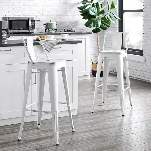 AC Pacific 30” Metal Barstool Set of 2 – Country Rustic Style with Low Back, Lightweight & Sturdy Build, Easy Assembly – Distressed White