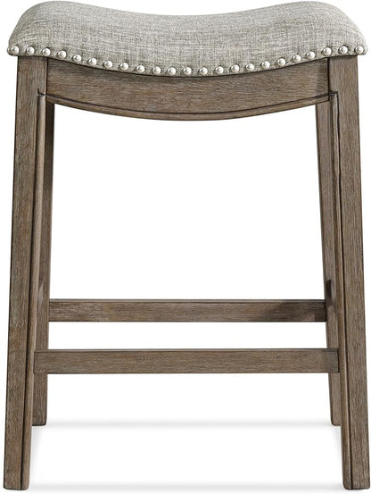 ROME + OAK Set of 3 Parker 26 Inch Counter Stool, Backless Saddle Kitchen Barstool in Walnut Finish with Grey Fabric Upholstery Cushion Seat