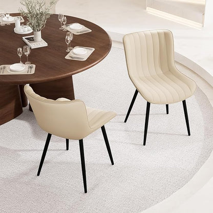 YOUNUOKE Mid-Century Modern Dining Chairs Set of 2, Beige PU Leather Upholstered Kitchen Chairs with Black Metal Legs, Armless Accent Chair for Dining Room, Guest Reception Room