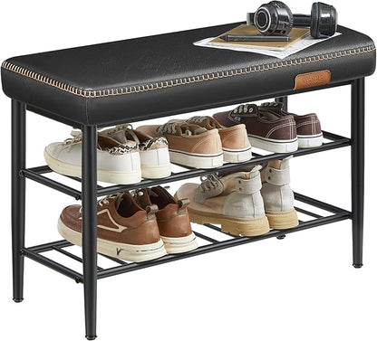 VASAGLE EKHO Collection - Shoe Rack Bench, Storage Bench for Entryway, Synthetic Leather with Stitching, Mid-Century Modern, Loads 300 lb, 11.8 x 31.5 x 19.7 Inches, Ink Black ULSB054B01