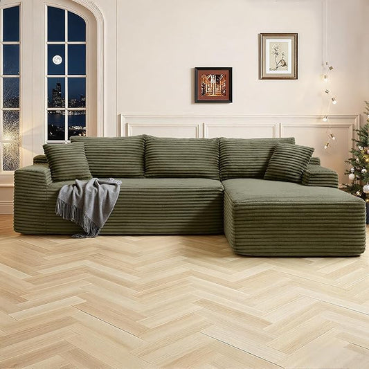 95 Inch Cloud Sectional Couch,Modular Sectional Sofa with Deep Seat,Modern Corduroy Boneless Couches with L-Shape Chaise for Living Room Bedroom,No Assembly Required (Green, Right Facing Chaise)