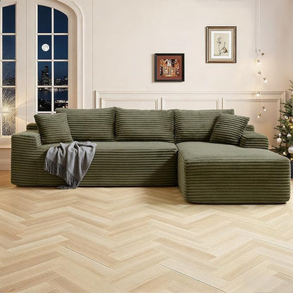 108 Inch Cloud Sectional Couch,Modern Modular Sectional Sofa with Deep Seat,Corduroy Boneless Couches with L-Shape Chaise for Living Room,No Assembly Required (Green, Right Facing Chaise)