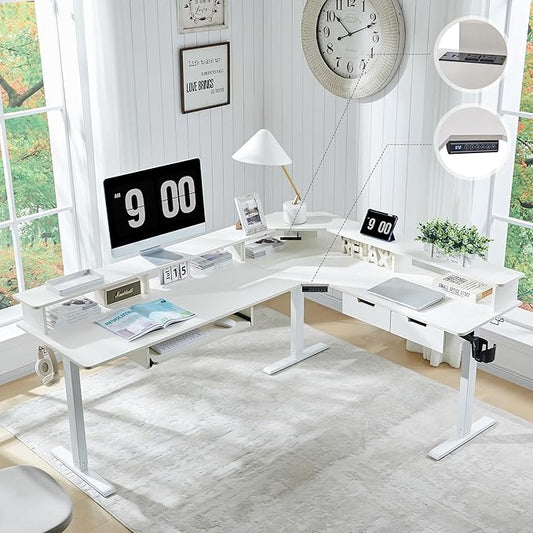 RedLemon 75X60 Inches L Shaped Electric Standing Desk, Height Adjustable Corner Gaming Desk with Drawers, Keyboard Tray, Power Outlets & LED Lights, Computer Desk with Monitor Shelf, Antique White