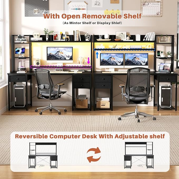 Aheaplus Desk with LED and Outlets, Gaming Desk with Hutch, 55.2'' Computer Desk with Drawers, Reversible Office Desk with Storage Bookshelf Large Workstation Desk with Shelf, Desk for Home, Black