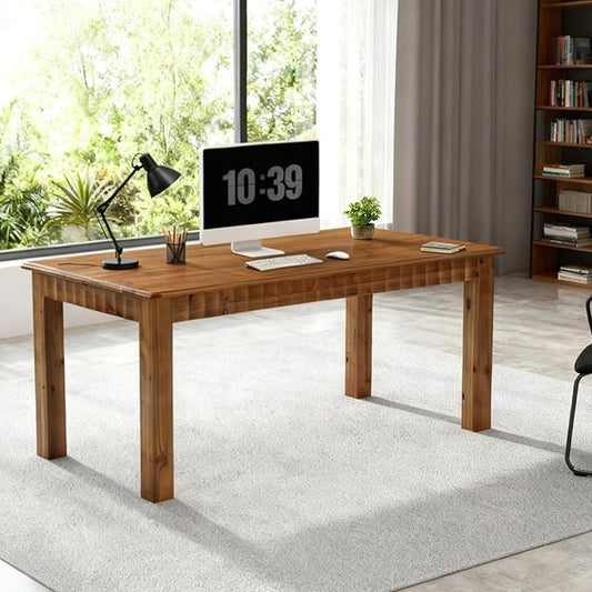 63-Inch Computer Desk, Solid Wood Home Office Desk with Sturdy Wooden Legs, Rustic Large Computer Office Table for Writing, Reading, Study, Brown