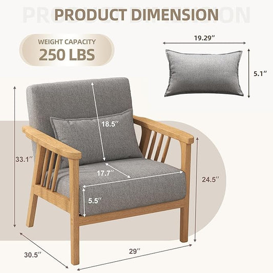 Mid-Century Modern Accent Chair, Linen Armchair and Lounge Chair with Lumbar Pillow, Wide Seat & Solid Wood Frame for Living Room, Bedroom or Balcony （Light Gray）