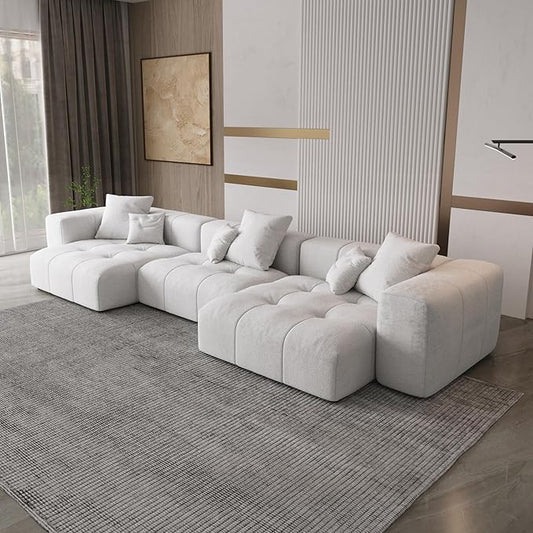 WJShome 144" Sectional Couches for Living Room,Modular Sectional Sofa, U Shaped Couch, Linen Deep Seat Cloud Couches with Pillow for Living Room,White