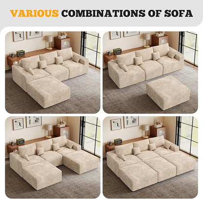 113" Modular Sectional Sofa Bed, Convertible Cloud Couches for Living Room with Ottoman, 6 Seater Corduroy Boneless Couch Sleeper Sofa Set, No Assembly Required, Khaki 1 PCS