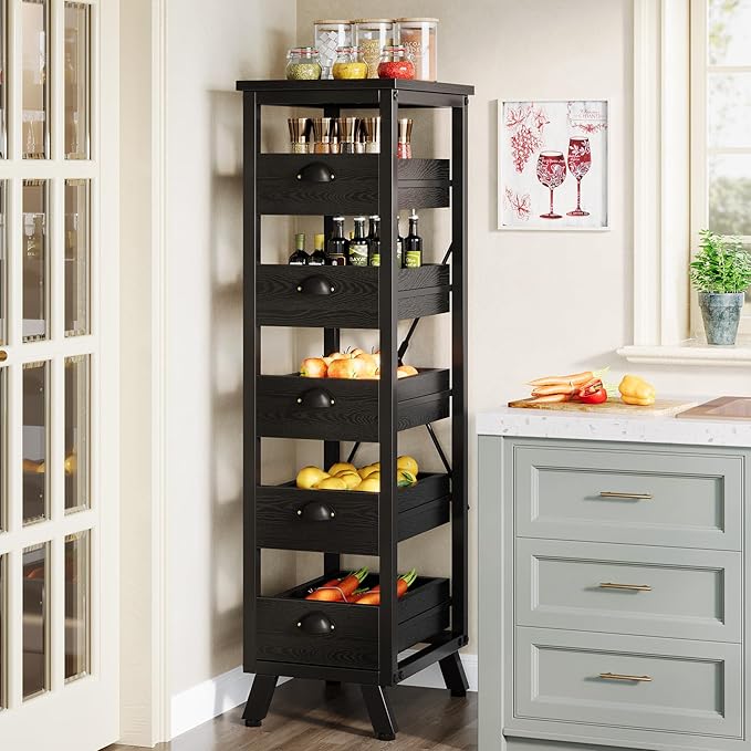 Tribesigns Black Wood Fruit and Vegetable Storage Rack, 5-Tier Narrow Snack Stand Kitchen Stand Fruit Basket, Pull-Out Utility Organizer for Kitchen, Living Room