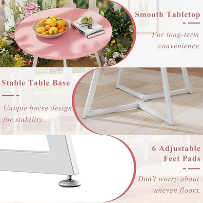 VECELO Small Round Dining Table Set for 2, Wood Tabletop with Strong Metal Frame, Modern Dinette with Chairs for Kitchen, Breakfast Nook Living Room, Pink & White