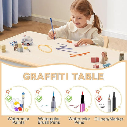 Kids Study Table and Chairs Set, Height Adjustable Toddler Table and Chair Set for Kids Ages 3-8, 31.5" L x 23.6" W Graffiti Desktop Plastic Children Art Table with 4 Seats, Brown