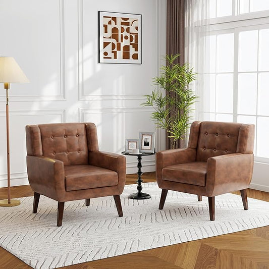 Accent Chairs Set of 2, Modern Faux Leather Armchairs for Living Room, Comfy Upholstered Arm Chairs Tufted for Indoor Bedroom Office Room (P Coffee)