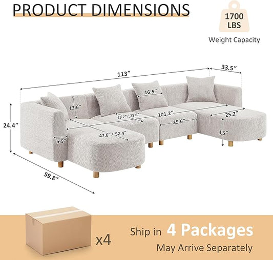 VANOMi 113" Sectional Sofa with 4 Pillows, U-Shaped 4-Seater Comfy Boucle Cloud Couch, Modern Double Chaises Lounge Sofas for Living Room, Office, Apartment (Light Khaki-U)