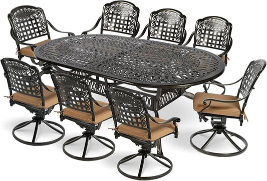 MEETWARM 9-Piece Outdoor Patio Dining Set, All-Weather Cast Aluminum Patio Conversation Set with 8 Cushioned Swivel Rocker Chairs for Backyard Garden Deck, 1 Oval Table, 2" Umbrella Hole