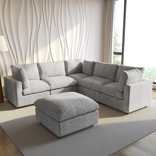 WJShome Cloud Couch Modular Sectional Sofa,100.5" V Shaped Couch, Convertible Wide Seater with Ottoman, 6 Seater for Living Room Set,Covers Washable&Replaceable,Gray