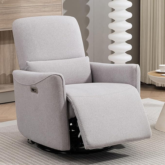 Power Swivel Recliner Chair, Upholstered Fabric Glider Electric Rocking Chair for Adults. Nursery Rocker Single Sofa with Lumbar Support for Living Room. Dual-Port Charging: Type-C&USB, Grey