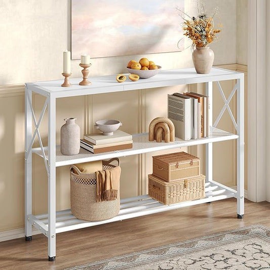 Hoctieon White Industrial Console Table, 3 Tier Entryway Tables, Hallway Desk, Narrow Sofa Tables with Shelves, Entrance Table for Entryway, Living Room, Foyer, Hallway, Office, White