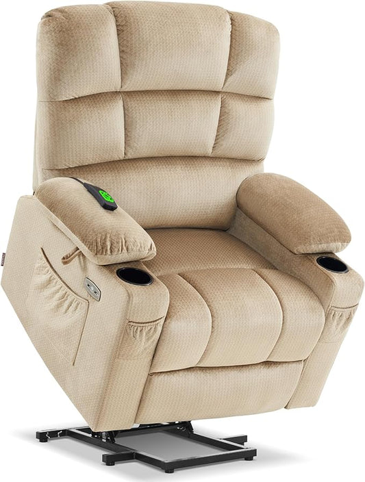 MCombo Dual Motor Power Lift Recliner Chair with Massage and Heat for Elderly People, Infinite Position, USB Ports, Cup Holders, Fabric 7679 (Medium, Beige)