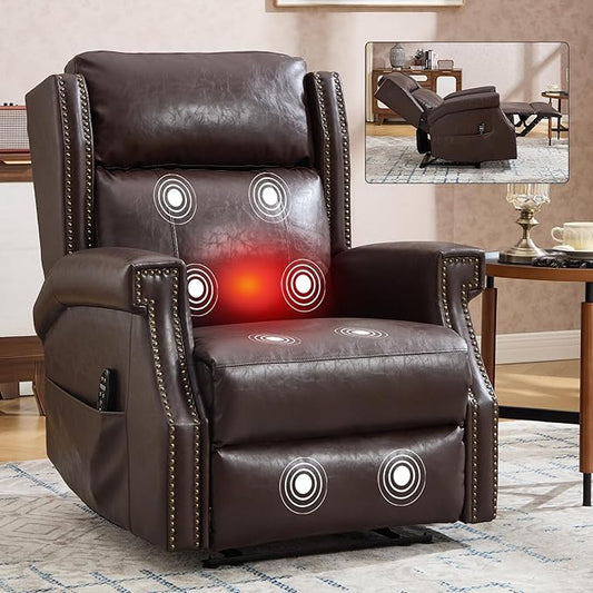 Manual Recliner Chair with Massage & Lumbar Heat, Breathable Leather Reclining Chair for Adults, Humanized Design Easy to Install Living Room Recliners Brown