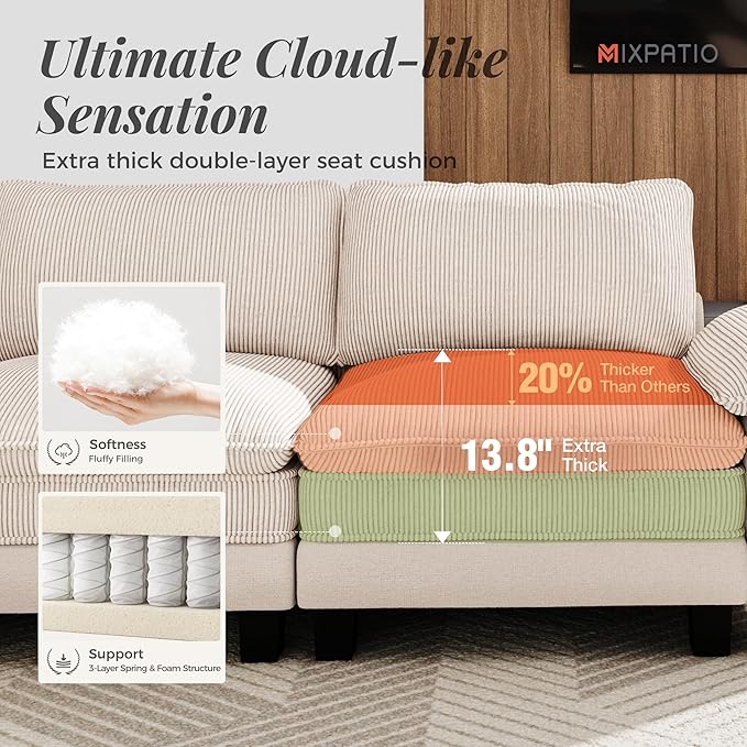 123-Inch U Shaped Sectional Sofa with Cloud Cushions, Deep Seat Modular Couch Set w/ 5 Seats & 2 Ottomans, Plush Chenille & Corduroy Upholstery for Living Room, Apartment - Beige