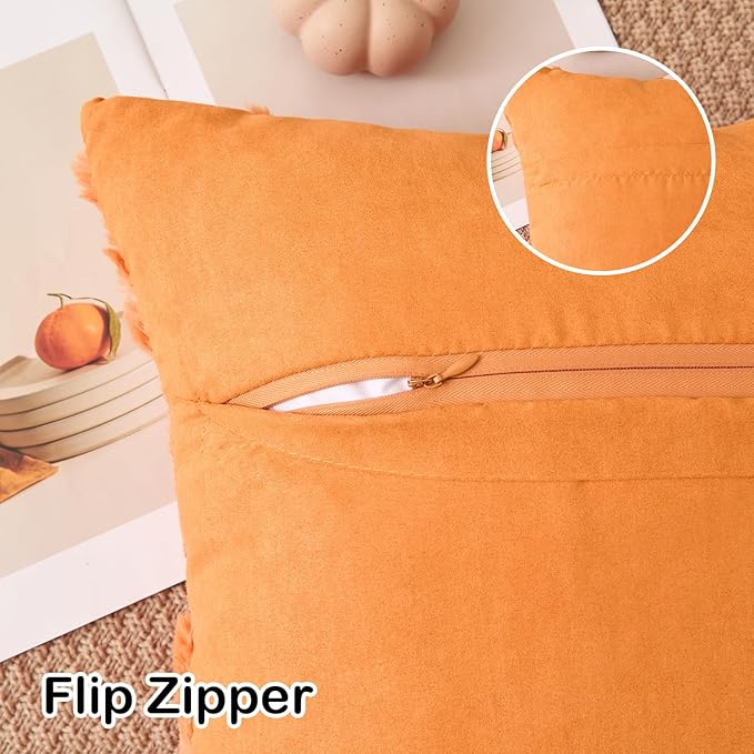 Kevin Textile Fall Pillow Covers 18x18 Inch Set of 2 Soft Pumpkins Decorative Square Pillowcases Plush Autumn Faux Fur Cushions Harvest Gift for Couch Sofa Chair Bedroom Home Decor, Orange