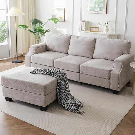 85" Sectional Couches with Storage Ottoman,L Shaped Couch with Armrest Organizer,3-Seater Sofa,Thick Cushions,Small Sofas for Living Room,Bedroom,Apartment,Chenille,Khaki