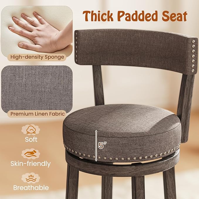 COSTWAY Bar Stools Set of 4, Upholstered Farmhouse Bar stools with Cushioned Seat & Backrest, Solid Wood Legs, Footrest, 31” Bar Height Swivel Stools for Kitchen Island, Pub (4, 31'' Seat Height)