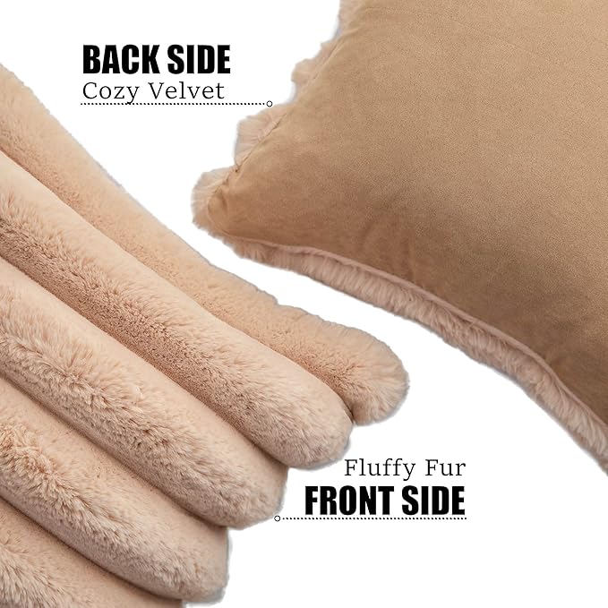 Neelvin Camel Faux Fur Cozy Soft Striped Decorative Throw Pillow Covers 26x26 inch Set of 2,Velvet Pillowcase Cushion Case for Sofa Couch