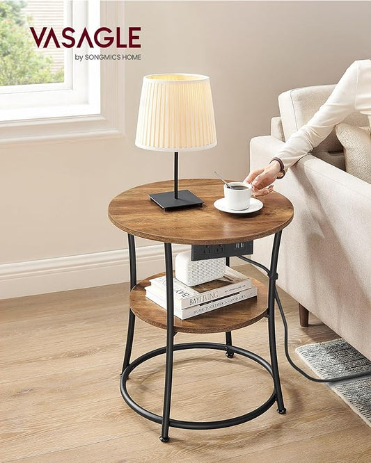 VASAGLE Side Table, 2-Tier Round End Table with Power Outlets, Nightstand with Steel Frame for Small Spaces, Living Room, Bedroom, Honey Brown and Ink Black ULET077K02