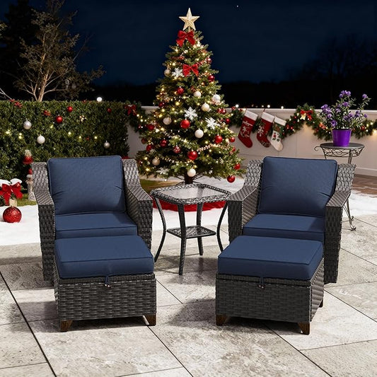 5 Pieces Patio Conversation Furniture Set - Swivel Chairs with Ottomans Set of 2, 1 Side Table, Outdoor Wicker Furniture Set with Washable Cushions for Porch, Balcony, Sunroom (Navy Blue)