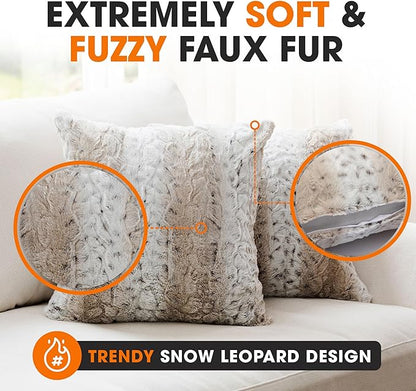 Cheer Collection Embossed Faux Fur Throw Pillows - Set of 2 Lumbar Couch Pillows, 20" x 20" - Snow Leopard
