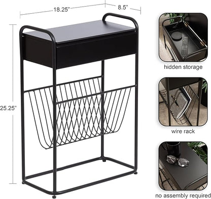 Kate and Laurel Kura Elegant Narrow Side Table, 19 x 9 x 26, Black, Modern Glam Slim Lift-Top Living Room End Table with Bottom Wire Rack for Entryway or Family Room Storage