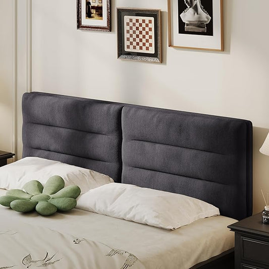 King Size Velvet Headboard Foldable Panels Backboard, Upholstered California King Head Board for Bedroom Adjustable Height from 42" to 56"-Grey