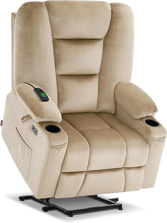 MCombo Oversized Power Lift Recliner Chair with Massage and Heat for Big and Tall Elderly People, Cup Holders, USB Ports, Side Pockets, Fabric R7541 (Beige, Large-Oversize)
