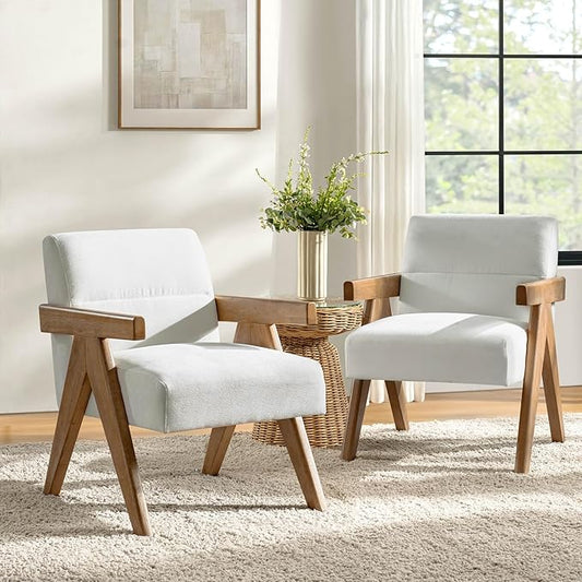HULALA HOME Modern Accent Chair, Upholstered Arm Chair with Solid Wood Frame, Comfortable Padded Seat and Back, for Living Room, Bedroom Set of 2, Ivory