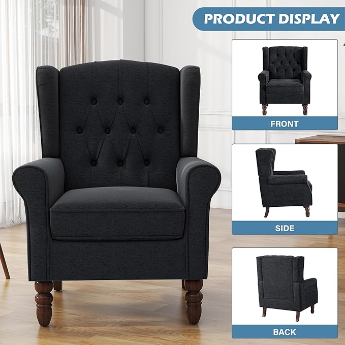 UIXE High Back Accent Chairs Set of 2, Upholstered Armchair in Fabric, Retro Wingback Arm Chair for Living Room, Comfy Single Sofa Bedroom Reading Seat with Solid Wood Legs - Black Blue