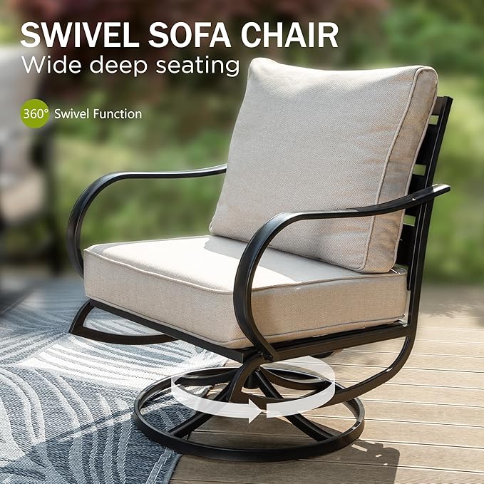PHI VILLA Patio Furniture Set with FirePit Table, Outdoor Furniture with 1 x 72 Deep Seating Sofa Bench, 1 x 45 Gas Firepit Table, 2 x Swivel Sofa Chairs, 2 x Metal Cushioned Ottoman