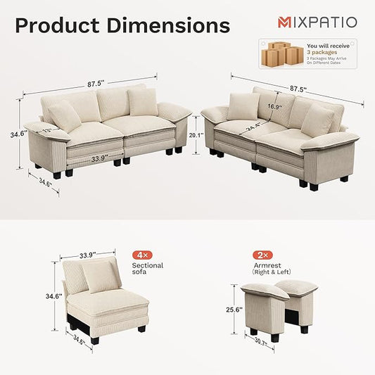 L-Shaped Cloud Modular Sofa Set, 4-Piece Double Loveseat Sectional w/Deep Seat & Removable Arms, Plush Corduroy for Living Room - Beige