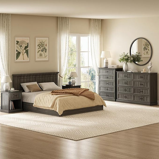CARPETNAL Farmhouse Dresser and Nightstand Sets for Bedroom, 4 Pcs Bedroom Set, 5 Drawer & 8 Drawer Dresser and Nightstand Set of 2, Wood Chest of Drawers for Living Room, Entryway, Grey