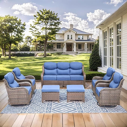 HUMMUH 8 Pieces Wicker Patio Furniture Set with Patio Swivel Chairs Set of 4,High Back Outdoor Sofa Coffee Table Ottomans,6 Inch Thick Cushions Outdoor Conversation Set for Porch, Balcony, Deck
